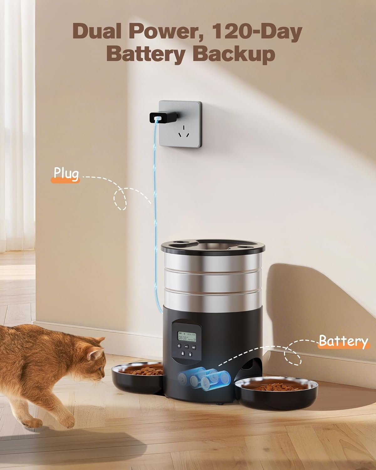 Automatic Cat Feeder For 2 Cats - Stainless Steel Cat Food Dispenser for Fresh Dry Food with Timer - 5L Electric Pet Feeder with Double Bowls Indoor- Auto Small Dog Feeder Dual Power - Button Control