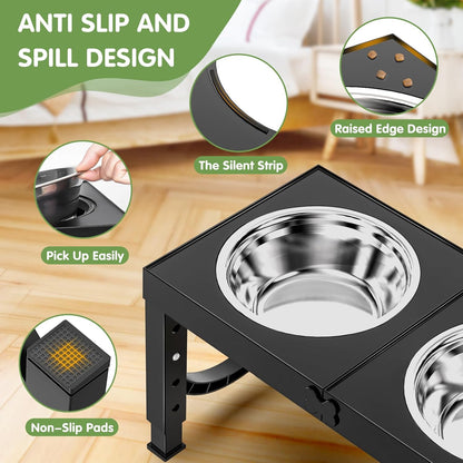 Raised Dog Bowls for Small Medium Large Dogs, 5 Height Adjustable Dog Bowl Stand to 8cm 23cm, 27cm, 31cm, 35cm, with 2 Stainless Steel Dog Food Bowl, Elevated Dog Bowls for Traveling