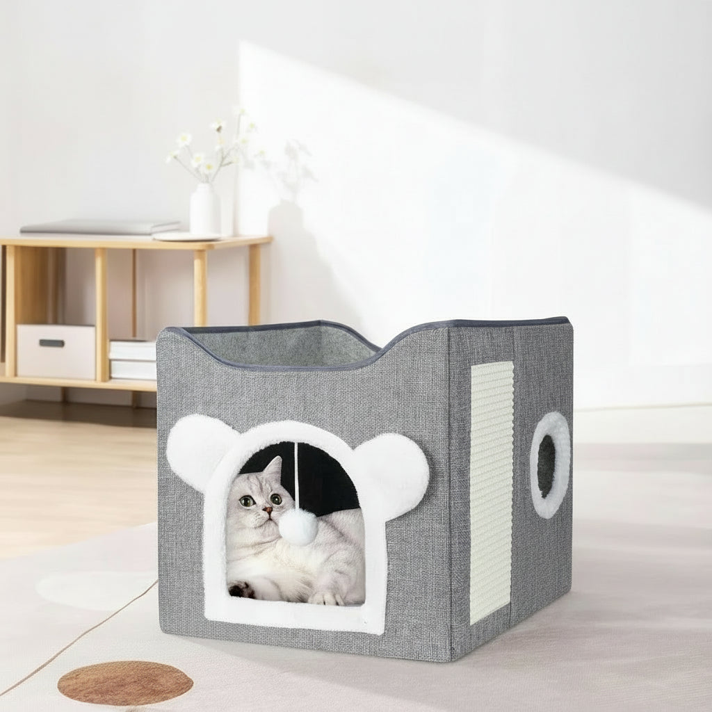 Cat Beds, Large Cat Cave for Pet House with Fluffy Ball Hanging and Scratch Pad, Houses & Condos, Cubes, Hideaway, Covered Bed for Multi Small Pet Large Kitty