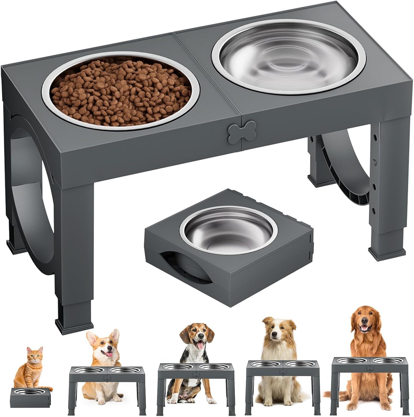 Raised Dog Bowls for Small Medium Large Dogs, 5 Height Adjustable Dog Bowl Stand to 8cm 23cm, 27cm, 31cm, 35cm, with 2 Stainless Steel Dog Food Bowl, Elevated Dog Bowls for Traveling