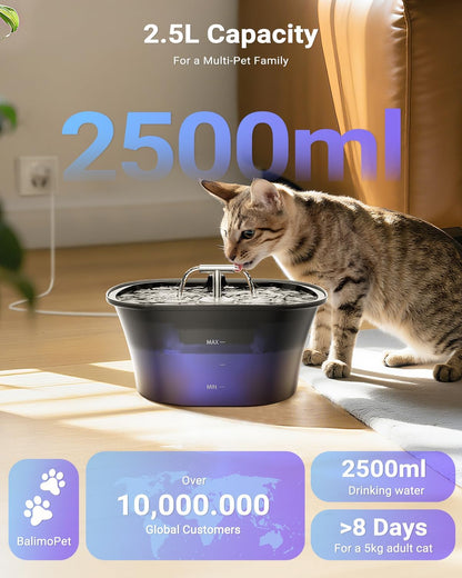 Cat Water Fountain for Drinking 2.5L/85oz with Dual Spouts – Automatic Cat Fountain, Ultra-Quiet Wired Pet Water Fountain with LED Light, Triple Filtration