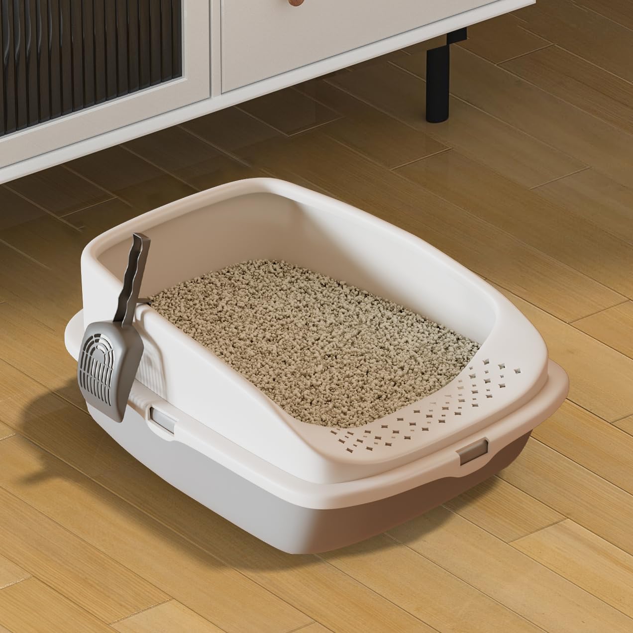 Large Cat Litter Tray Box, Plastic Open Cat Litter Box with Raised Rims and Detachable Rim, Litter Tray with Free Scoop, 57.5 x 44 x 19 cm