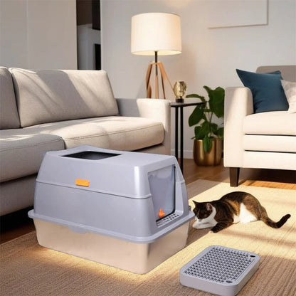 Large Covered Stainless Steel Cat Litter Box with Accessories