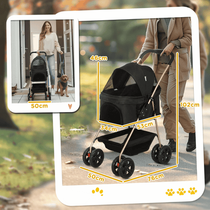 Compact Pet Stroller with Removable Basket & Storage