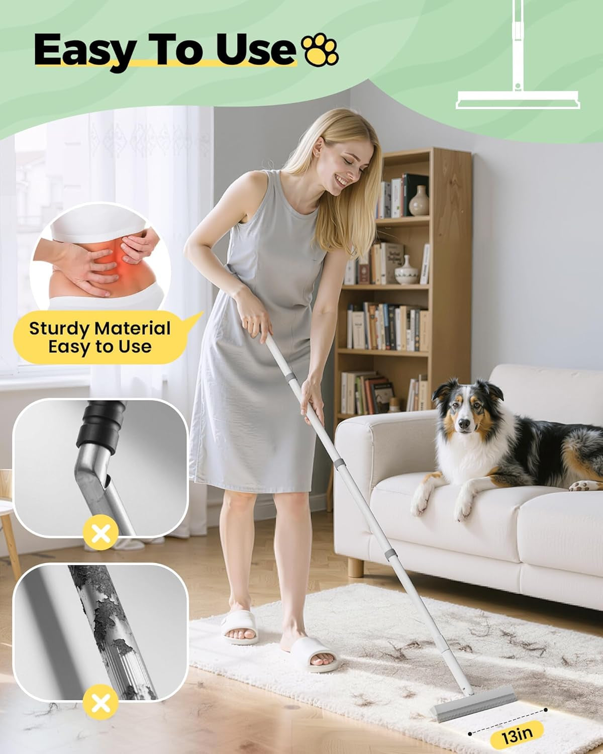 4 in 1 Carpet Rake Kit for Pet Hair Removal Tool - Pet Hair Remover For Couch Floor Mat Carpet, Contain Pet Hair Removal Glove, Magic Brush, Scraper and 60" Adjustable Rubber Broom for Quick Clean