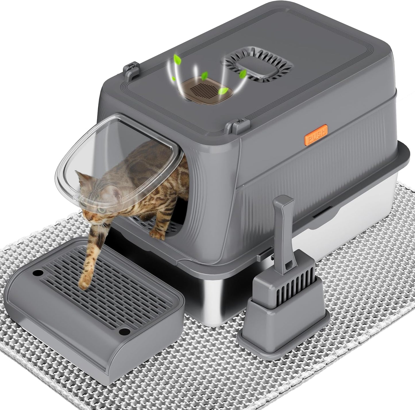 Citylife XL Stainless Steel Cat Litter Box with Lid, Extra Large Enclosed Removable Metal Litter Tray with Litter Scoop&Double Layer Litter Mat, Non-Sticky, Non-Odor, Easy Cleaning, for Big Cats