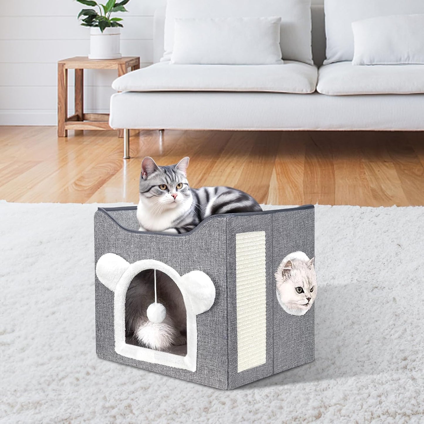 Cat Beds, Large Cat Cave for Pet House with Fluffy Ball Hanging and Scratch Pad, Houses & Condos, Cubes, Hideaway, Covered Bed for Multi Small Pet Large Kitty