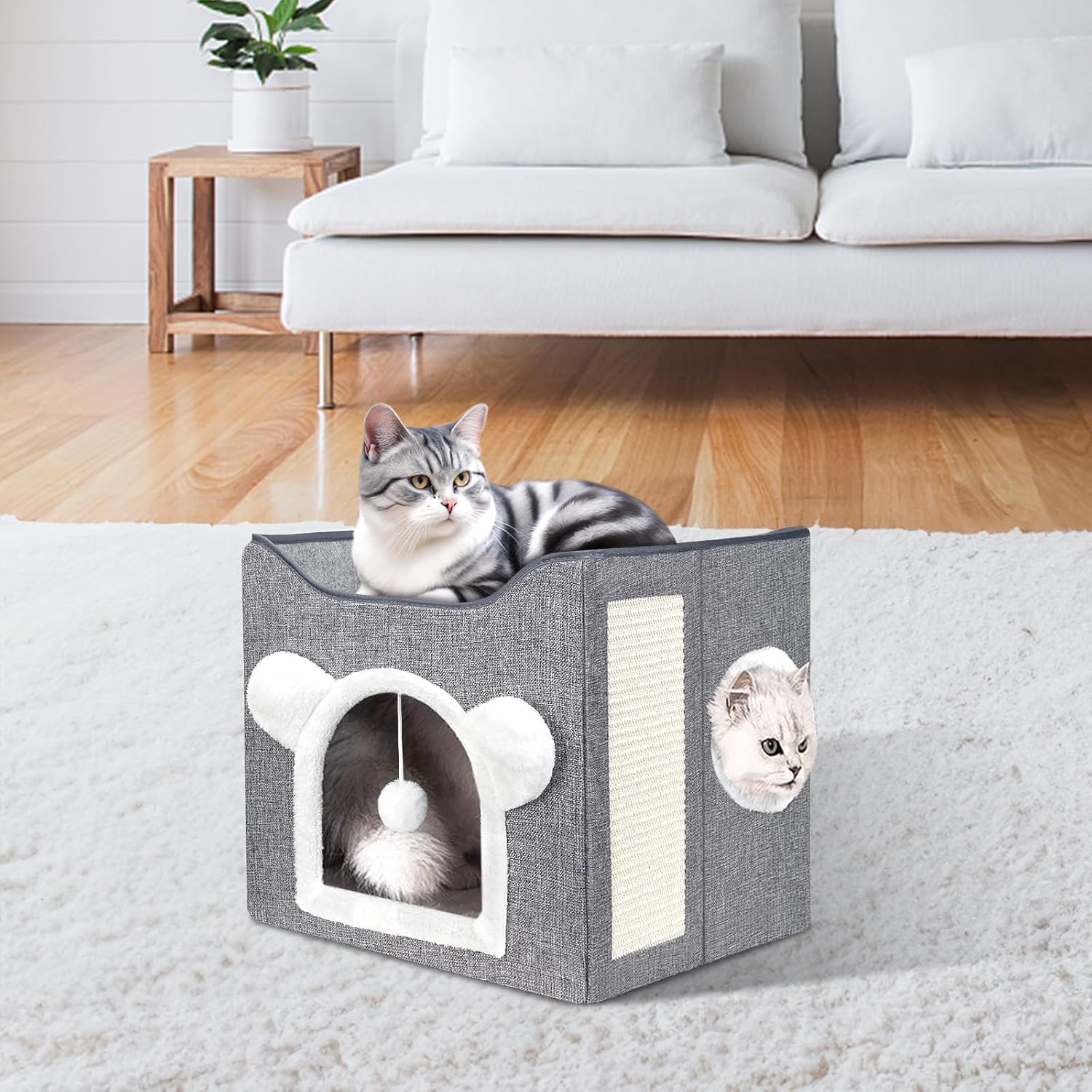 Cat Beds, Large Cat Cave for Pet House with Fluffy Ball Hanging and Scratch Pad, Houses & Condos, Cubes, Hideaway, Covered Bed for Multi Small Pet Large Kitty