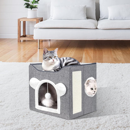 Cat Beds, Large Cat Cave for Pet House with Fluffy Ball Hanging and Scratch Pad, Houses & Condos, Cubes, Hideaway, Covered Bed for Multi Small Pet Large Kitty