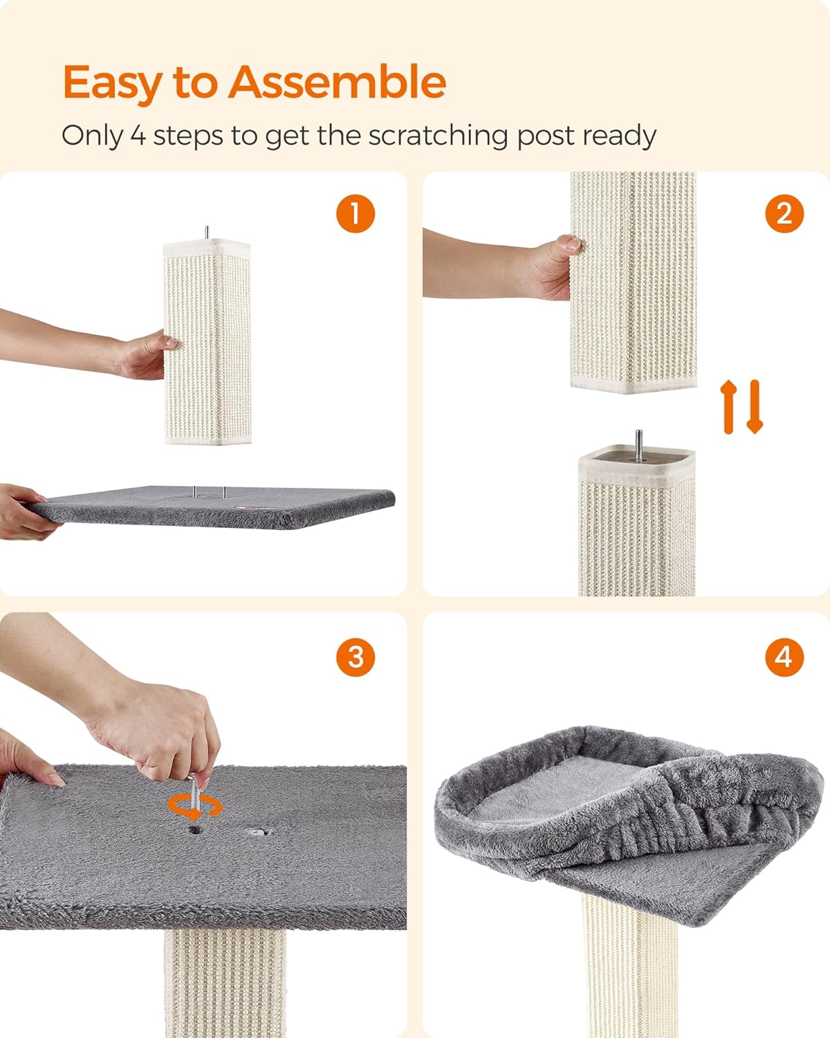 Cat Scratching Post, Cat Scratcher with 40 x 30 cm Plush Perch, Cat Tree, 71 cm Tall Scratch Post with Woven Sisal, 45 x 40 cm Base, Pompom, Light Grey