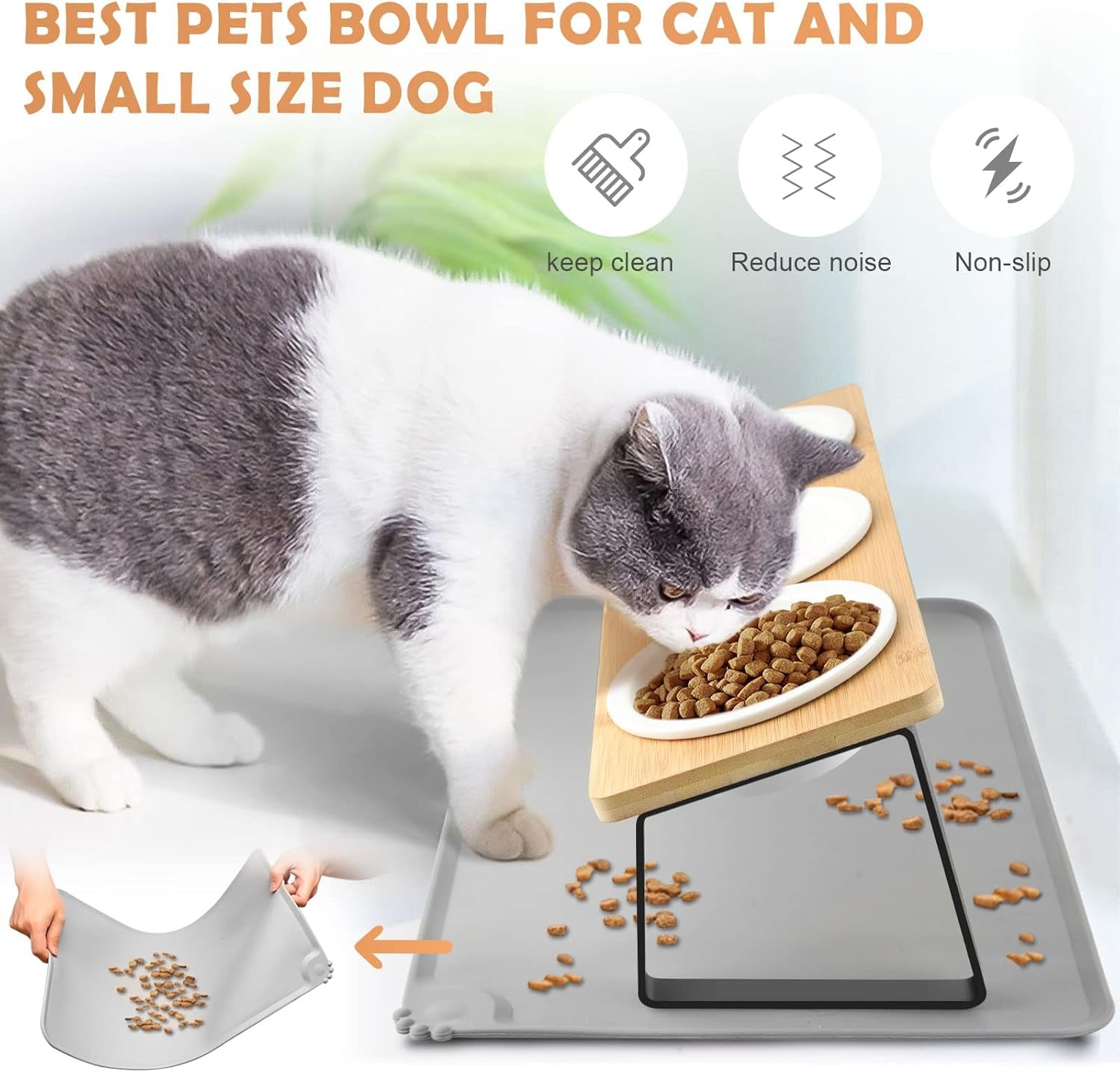 Cat Bowl, Ceramic Cat Food Bowls With 15° Tilted Wood Stand,Raised Cat Bowls for Food and Water, Bamboo Cat Feeding Station with Cat Food Mat for Cats and Puppy (3 Bowls with Stand)