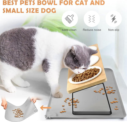 Cat Bowl, Ceramic Cat Food Bowls With 15° Tilted Wood Stand,Raised Cat Bowls for Food and Water, Bamboo Cat Feeding Station with Cat Food Mat for Cats and Puppy (3 Bowls with Stand)