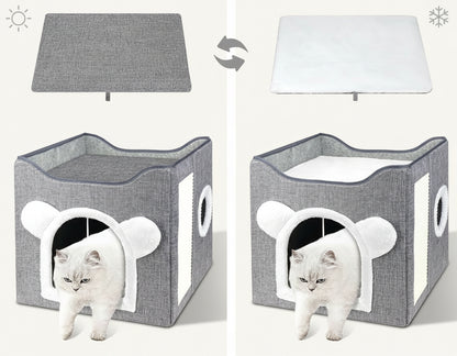 Cat Beds, Large Cat Cave for Pet House with Fluffy Ball Hanging and Scratch Pad, Houses & Condos, Cubes, Hideaway, Covered Bed for Multi Small Pet Large Kitty