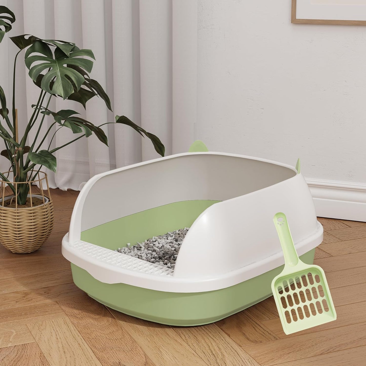 Large Cat Litter Tray Box, Plastic Open Cat Litter Box with Raised Rims and Detachable Rim, Litter Tray with Free Scoop, 57.5 x 44 x 19 cm
