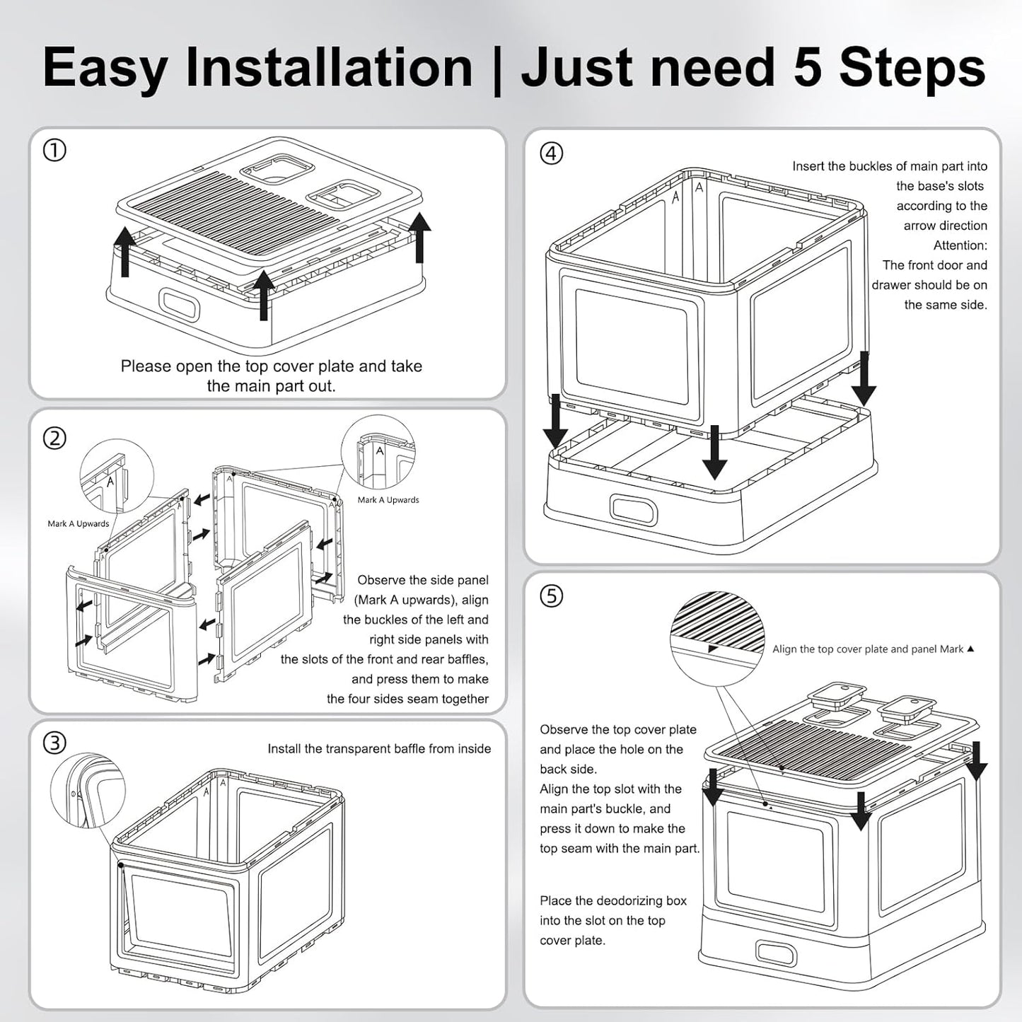 Cat Litter Box, Enclosed Stainless Steel Cat Litter Box with Lid & Drawer Design, Litter Tray with lid for Indoor Cats, Baffles for Anti-Leakage, with Scoop & Mat, Smell Free