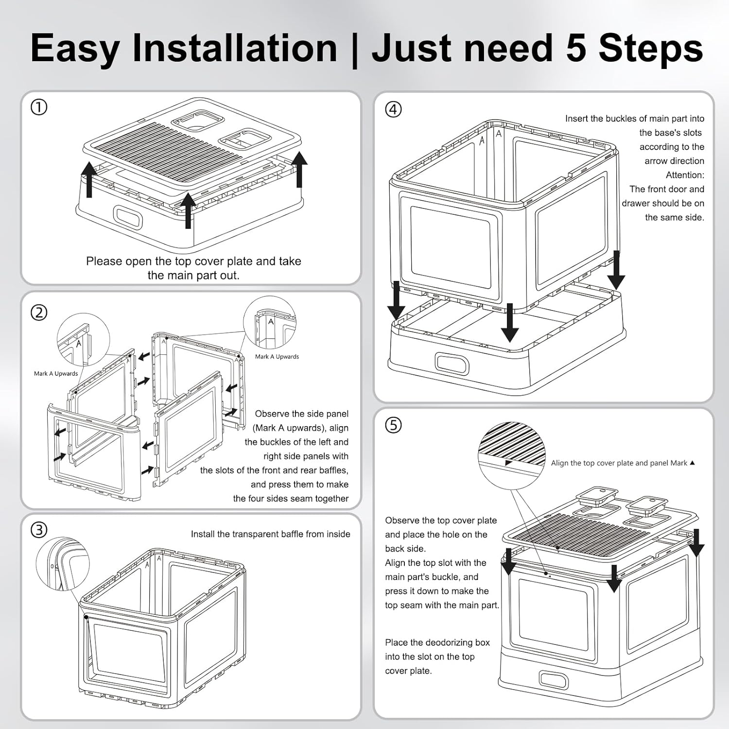 Cat Litter Box, Enclosed Stainless Steel Cat Litter Box with Lid & Drawer Design, Litter Tray with lid for Indoor Cats, Baffles for Anti-Leakage, with Scoop & Mat, Smell Free