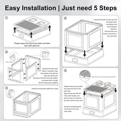 Cat Litter Box, Enclosed Stainless Steel Cat Litter Box with Lid & Drawer Design, Litter Tray with lid for Indoor Cats, Baffles for Anti-Leakage, with Scoop & Mat, Smell Free