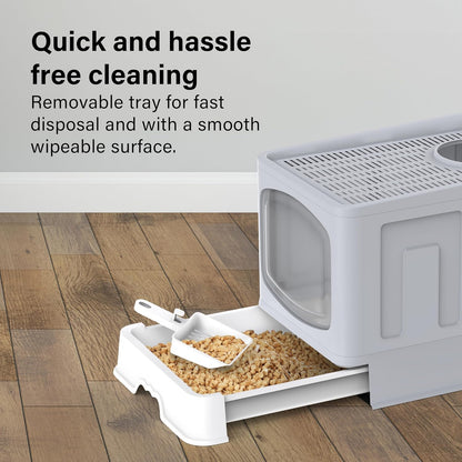 Large Cat Litter Box Litter Tray, Foldable Litter Box with Lid, Scoop, Flap Door, Slide-Out Tray for Easy Cleaning, Large Anti-Splashing Hooded Space Cat Litter Tray