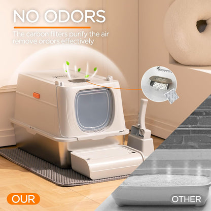 Citylife XL Stainless Steel Cat Litter Box with Lid, Extra Large Enclosed Removable Metal Litter Tray with Litter Scoop&Double Layer Litter Mat, Non-Sticky, Non-Odor, Easy Cleaning, for Big Cats