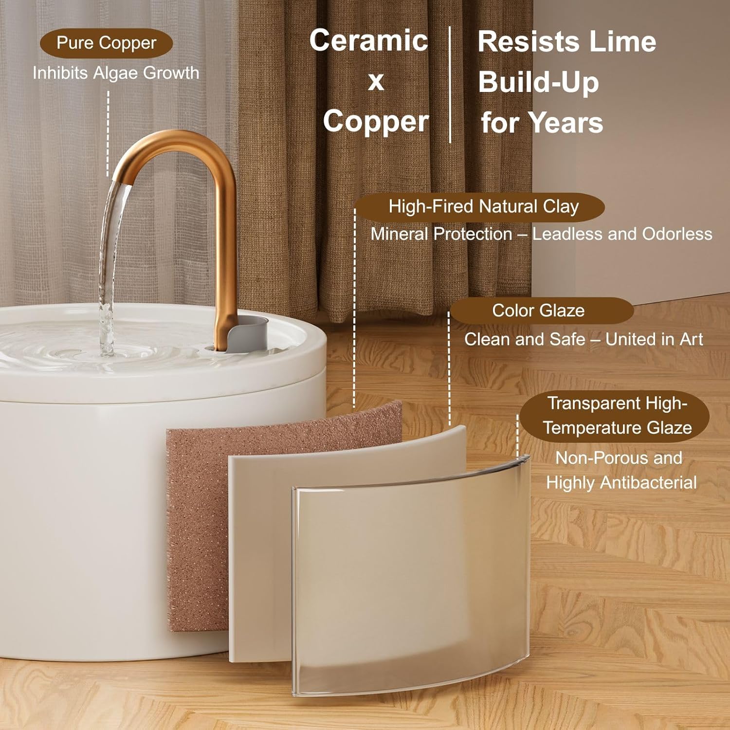 Ceramic Cat Fountain, Copper Spout 2.1L Cat Water Fountain for Drinking, Ultra Silent Water Dispenser for Pet, Triple Filtration System, Hygienic & Easy Clean, Stylish Design (White)