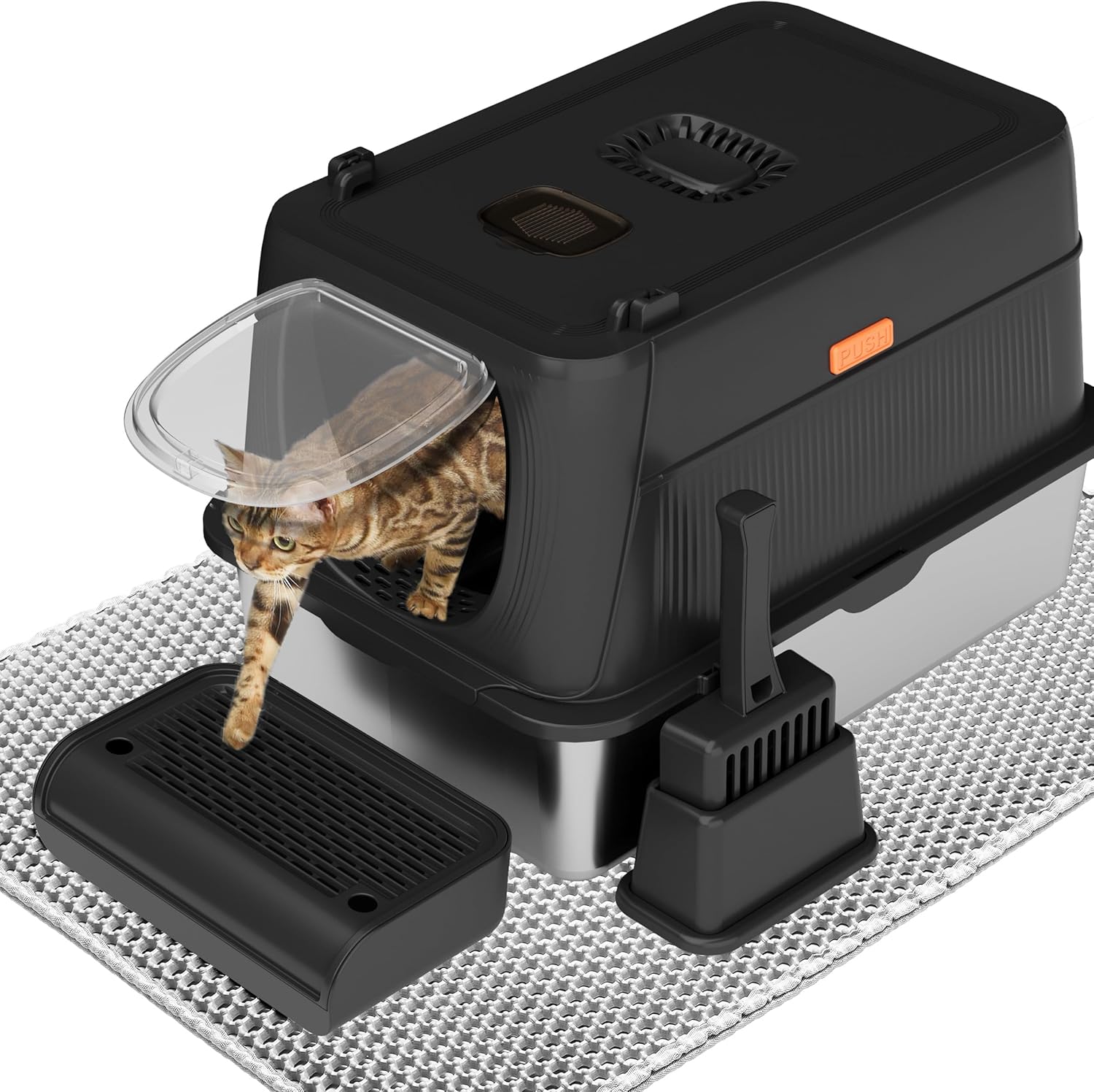 Citylife XL Stainless Steel Cat Litter Box with Lid, Extra Large Enclosed Removable Metal Litter Tray with Litter Scoop&Double Layer Litter Mat, Non-Sticky, Non-Odor, Easy Cleaning, for Big Cats