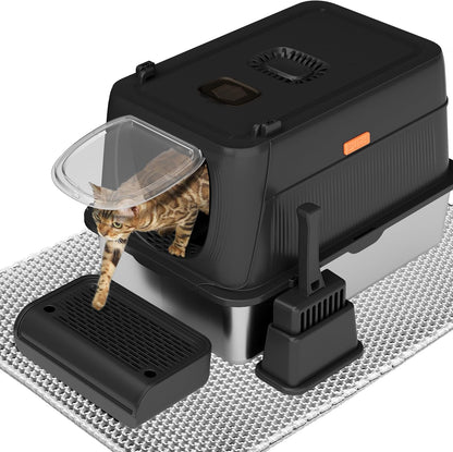 Citylife XL Stainless Steel Cat Litter Box with Lid, Extra Large Enclosed Removable Metal Litter Tray with Litter Scoop&Double Layer Litter Mat, Non-Sticky, Non-Odor, Easy Cleaning, for Big Cats