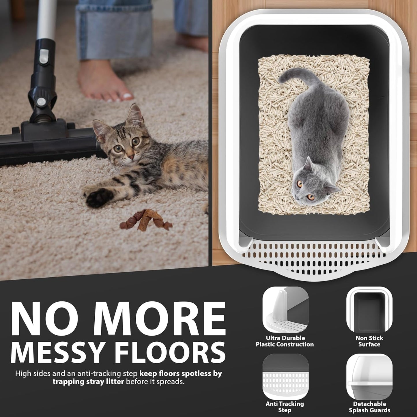 Cat Litter Tray | Litter Tray With Scoop | Cat Litter Box | Kitten Litter Tray With Open Top | Large Tray With Detachable Rim | Non Stick Surface | Splash Guards | 35 x 45 x 22cm