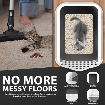 Cat Litter Tray | Litter Tray With Scoop | Cat Litter Box | Kitten Litter Tray With Open Top | Large Tray With Detachable Rim | Non Stick Surface | Splash Guards | 35 x 45 x 22cm