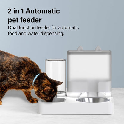 2 in 1 Automatic Pet Feeder, Food and Water Dispenser, for Small Cats And Dogs, 2.2L Food Feeder 1L Water Dispenser Gravity Dispenser Station for Home Travel Dark Grey