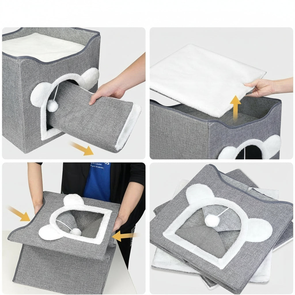 Cat Beds, Large Cat Cave for Pet House with Fluffy Ball Hanging and Scratch Pad, Houses & Condos, Cubes, Hideaway, Covered Bed for Multi Small Pet Large Kitty