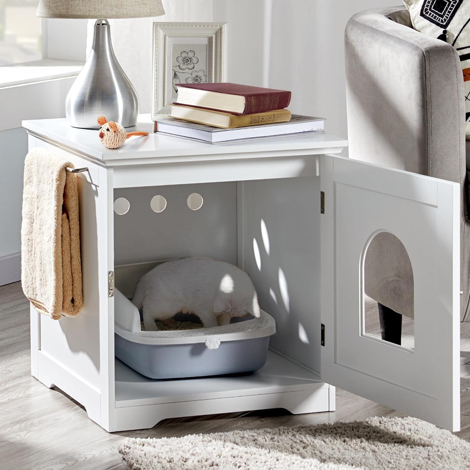 Litter Box Enclosure, Indoor Wooden Cat House for Bathroom, Bedroom & Living Room, White Washroom Litter Cabinet with Holes, Door Latch & Side Bar