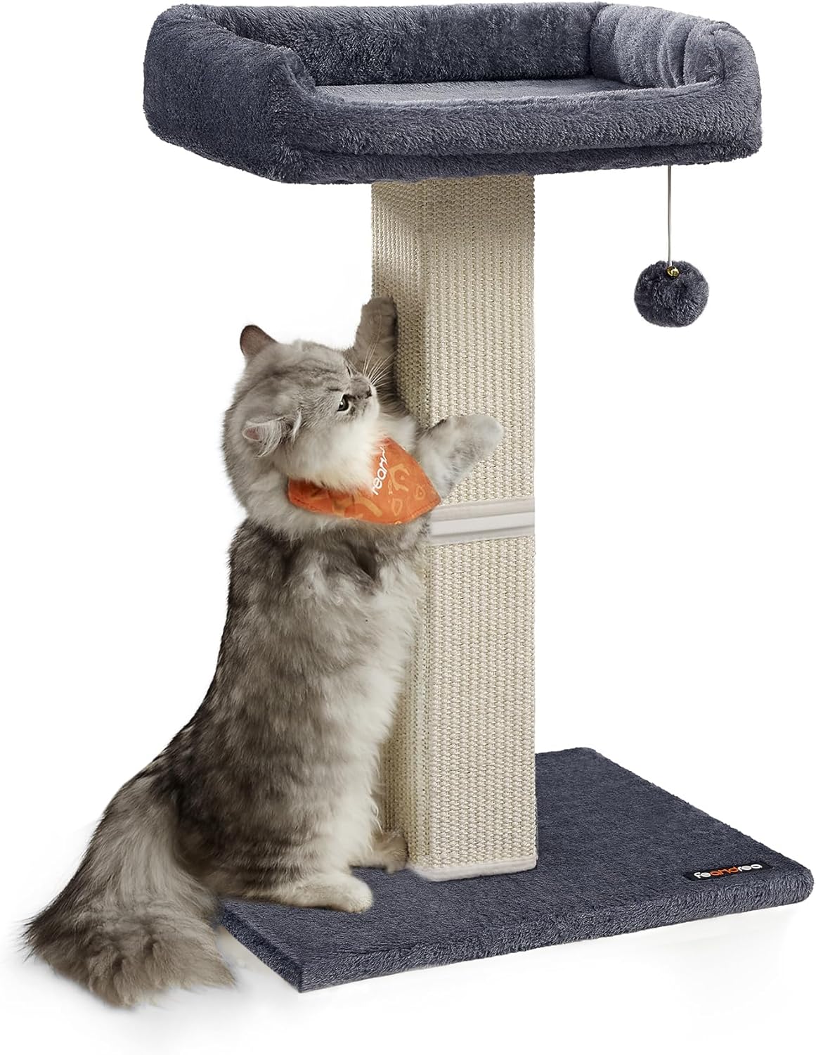 Cat Scratching Post, Cat Scratcher with 40 x 30 cm Plush Perch, Cat Tree, 71 cm Tall Scratch Post with Woven Sisal, 45 x 40 cm Base, Pompom, Light Grey