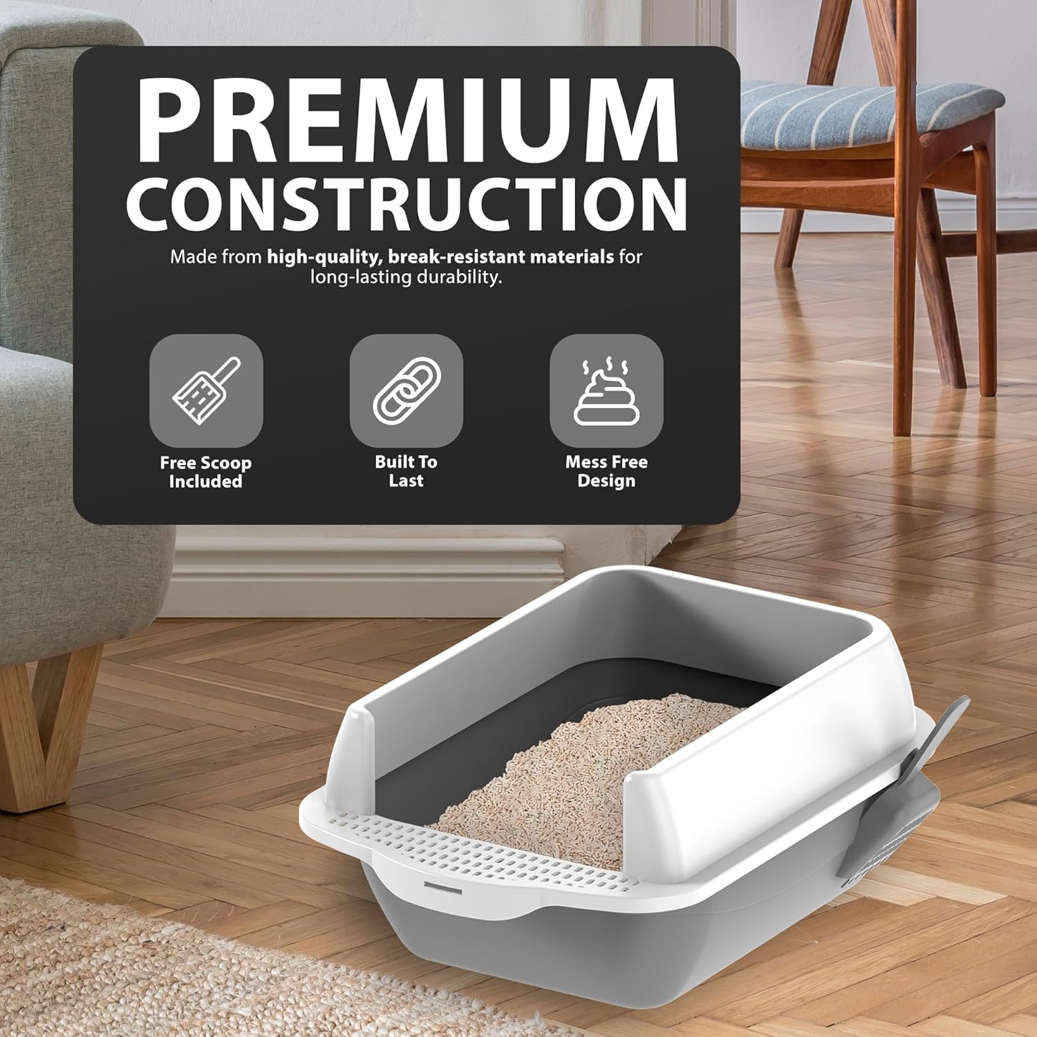 Cat Litter Tray | Litter Tray With Scoop | Cat Litter Box | Kitten Litter Tray With Open Top | Large Tray With Detachable Rim | Non Stick Surface | Splash Guards | 35 x 45 x 22cm