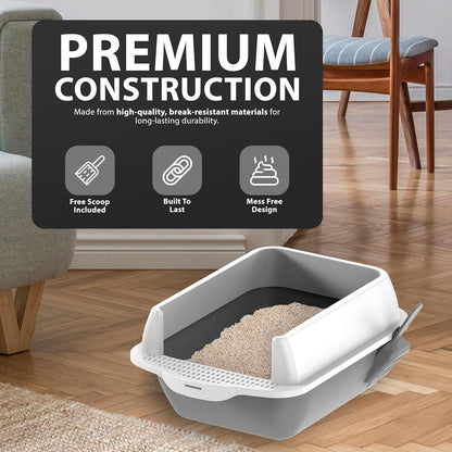 Cat Litter Tray | Litter Tray With Scoop | Cat Litter Box | Kitten Litter Tray With Open Top | Large Tray With Detachable Rim | Non Stick Surface | Splash Guards | 35 x 45 x 22cm