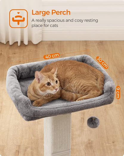 Cat Scratching Post, Cat Scratcher with 40 x 30 cm Plush Perch, Cat Tree, 71 cm Tall Scratch Post with Woven Sisal, 45 x 40 cm Base, Pompom, Light Grey