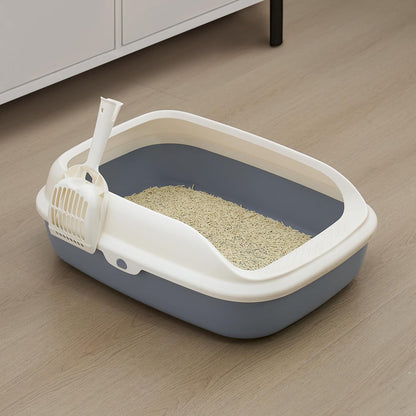 Large Cat Litter Tray Box, Plastic Open Cat Litter Box with Raised Rims and Detachable Rim, Litter Tray with Free Scoop, 57.5 x 44 x 19 cm