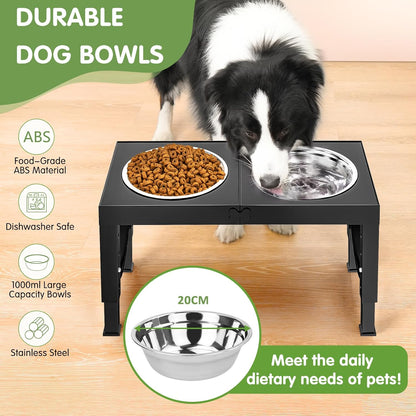 Raised Dog Bowls for Small Medium Large Dogs, 5 Height Adjustable Dog Bowl Stand to 8cm 23cm, 27cm, 31cm, 35cm, with 2 Stainless Steel Dog Food Bowl, Elevated Dog Bowls for Traveling