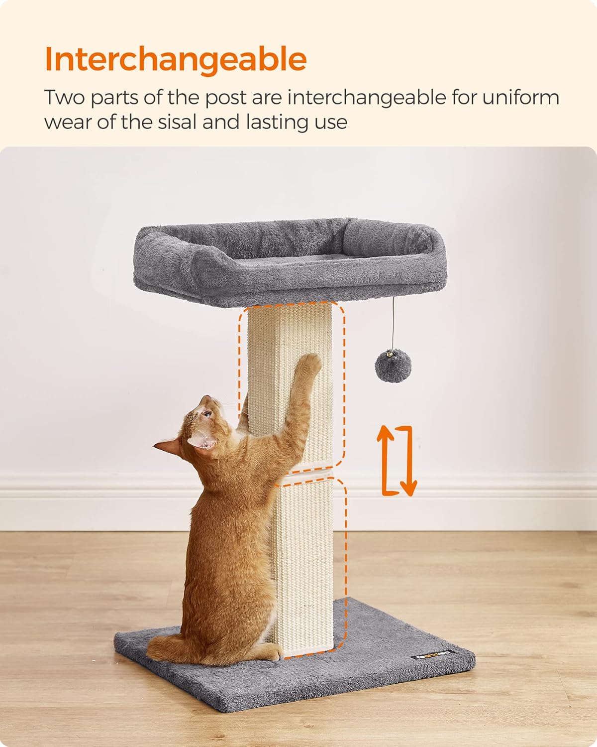 Cat Scratching Post, Cat Scratcher with 40 x 30 cm Plush Perch, Cat Tree, 71 cm Tall Scratch Post with Woven Sisal, 45 x 40 cm Base, Pompom, Light Grey