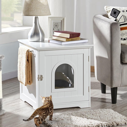 Litter Box Enclosure, Indoor Wooden Cat House for Bathroom, Bedroom & Living Room, White Washroom Litter Cabinet with Holes, Door Latch & Side Bar