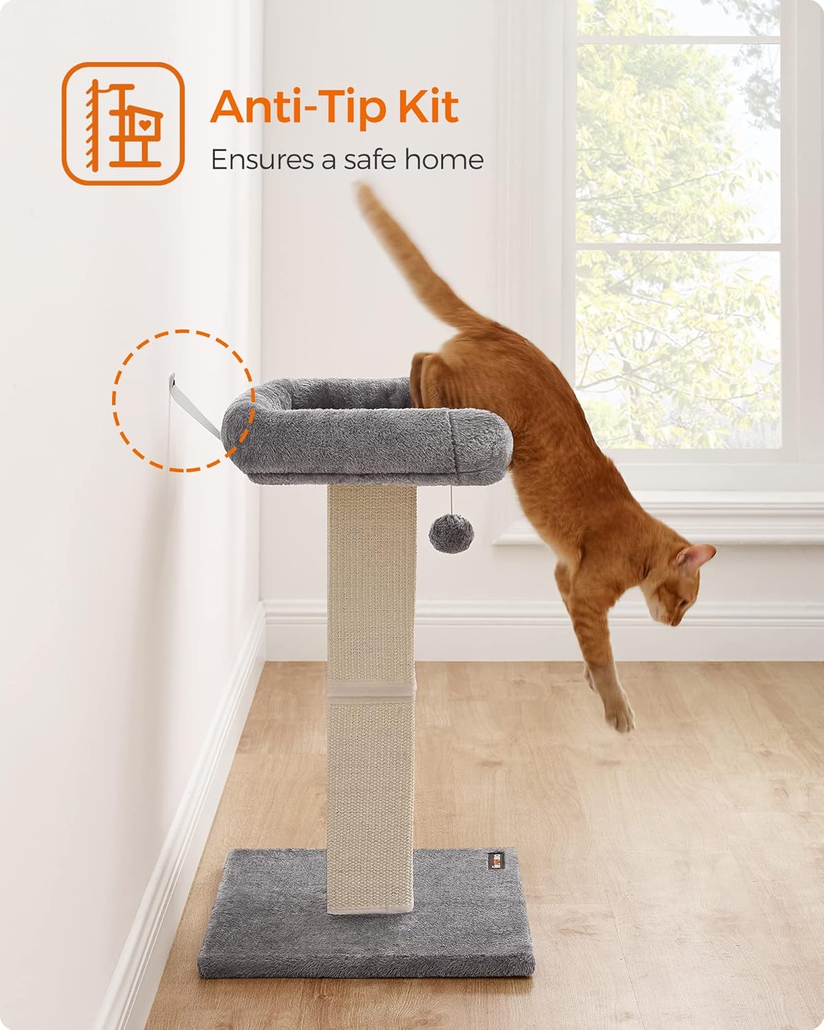 Cat Scratching Post, Cat Scratcher with 40 x 30 cm Plush Perch, Cat Tree, 71 cm Tall Scratch Post with Woven Sisal, 45 x 40 cm Base, Pompom, Light Grey