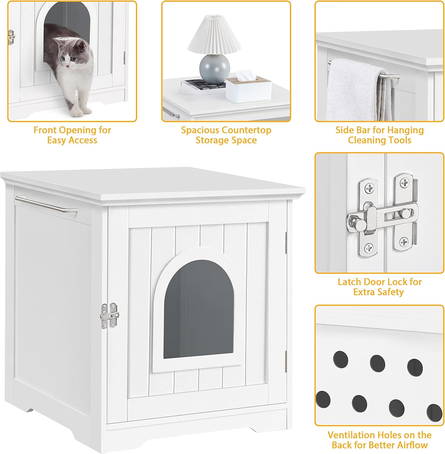 Litter Box Enclosure, Indoor Wooden Cat House for Bathroom, Bedroom & Living Room, White Washroom Litter Cabinet with Holes, Door Latch & Side Bar