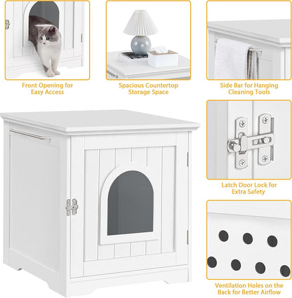 Litter Box Enclosure, Indoor Wooden Cat House for Bathroom, Bedroom & Living Room, White Washroom Litter Cabinet with Holes, Door Latch & Side Bar