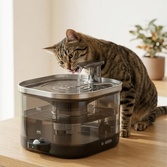 Cat drinking water from a modern pet fountain on a wooden surface.