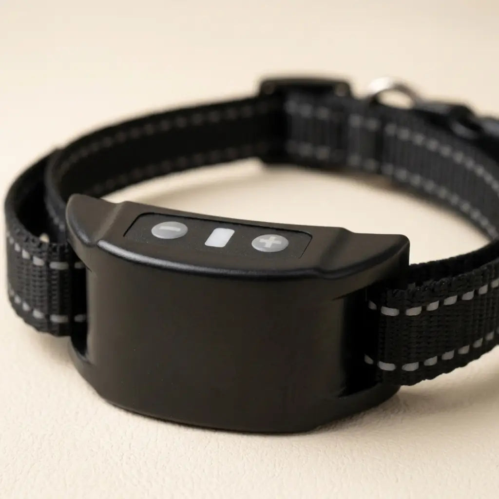 Close-up of the LifyPet BarkQuiet anti bark collar receiver with plus and minus level buttons on a black reflective strap