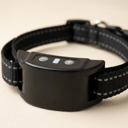 Close-up of the LifyPet BarkQuiet anti bark collar receiver with plus and minus level buttons on a black reflective strap