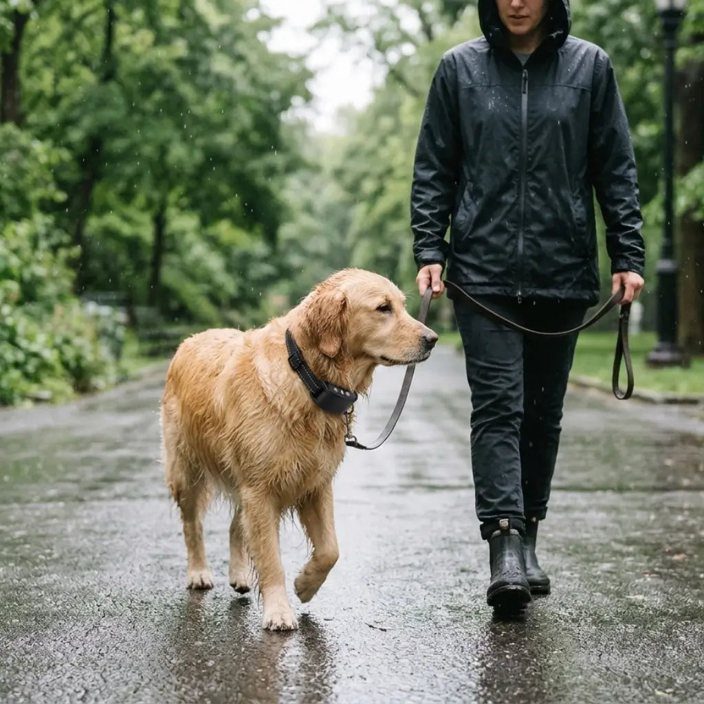 Golden retriever wearing the BarkQuiet bark collar on a rainy walk with its owner, waterproof for rain and splashes