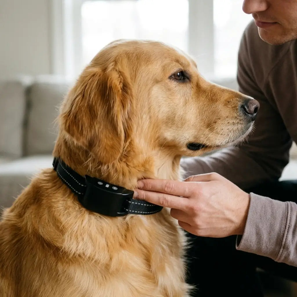 Owner fitting the BarkQuiet anti bark collar snugly on a golden retriever at home