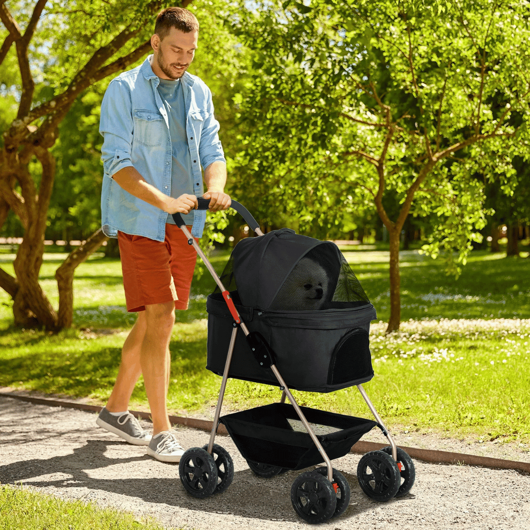 Compact Pet Stroller with Removable Basket & Storage