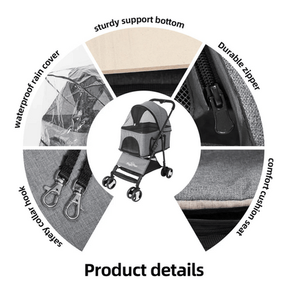 Portable Pet Stroller with Detachable Carrier and Car Seat
