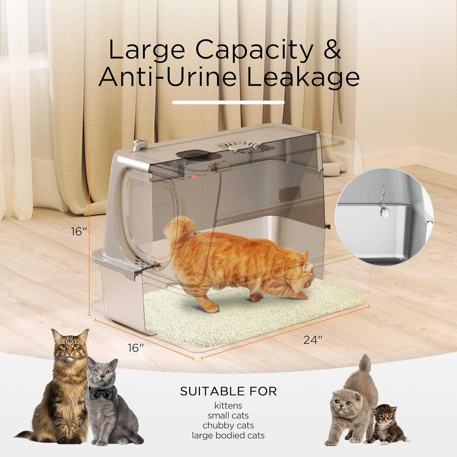 Citylife XL Stainless Steel Cat Litter Box with Lid, Extra Large Enclosed Removable Metal Litter Tray with Litter Scoop&Double Layer Litter Mat, Non-Sticky, Non-Odor, Easy Cleaning, for Big Cats